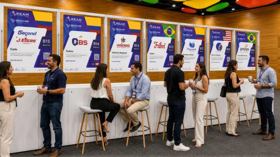 Attendees talking at the REAM business-stand counter, with company booth posters behind them